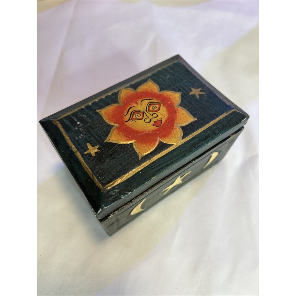 Vintage Celestial Wooden Trinket Box 4x3x3 Sun Moon Stars